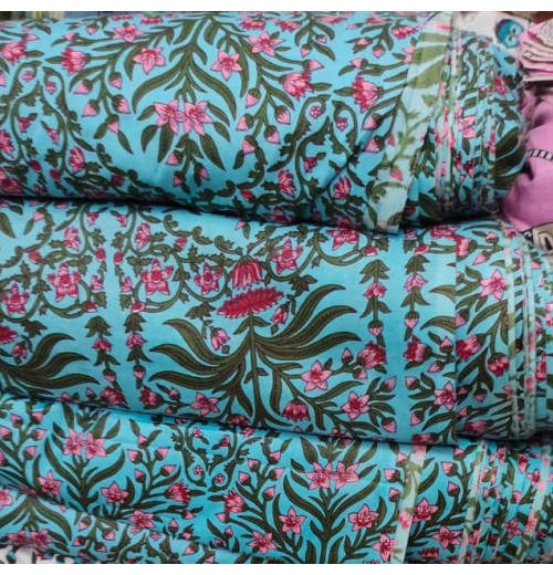 Teal Blue 100% Cotton block printing Fabric by the yard Cotton Cloth Indian Fabric for Curtain Fabric