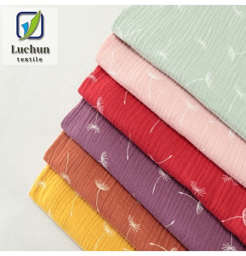 Luxury double layer gauze 40s*40s woven 100% cotton drape seersucker print fabric for nighty