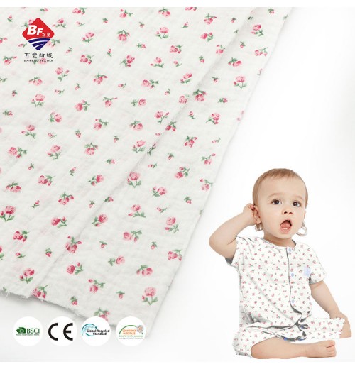 Fashion flower design breathable double gauze organic 100% cotton woven crepe muslin fabric for garments