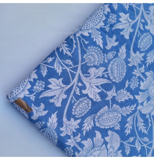 Bluish Cotton Fabric Hand Block Print Lightweight Rib and Dobby Styles for Indian Boys' Bags Covers Curtains Crafts Awnings